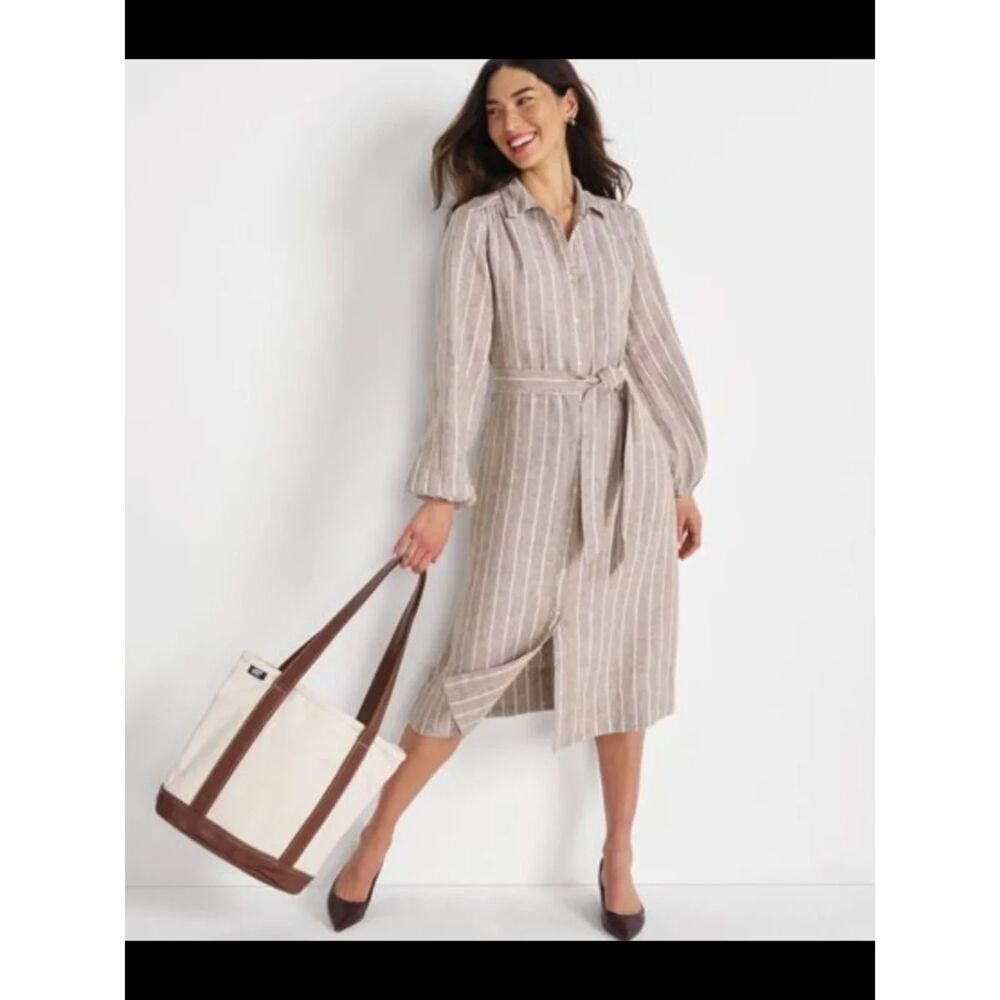 Land's End Women Blue White Stripped 100% Linen Shirt Tie Waist Midi Dress sz 2X